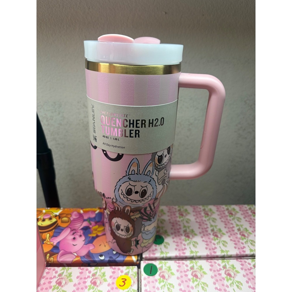 Stanley Labubu Quencher H2.0 FlowState Tumbler 40oz Pink Striped Limited Edition